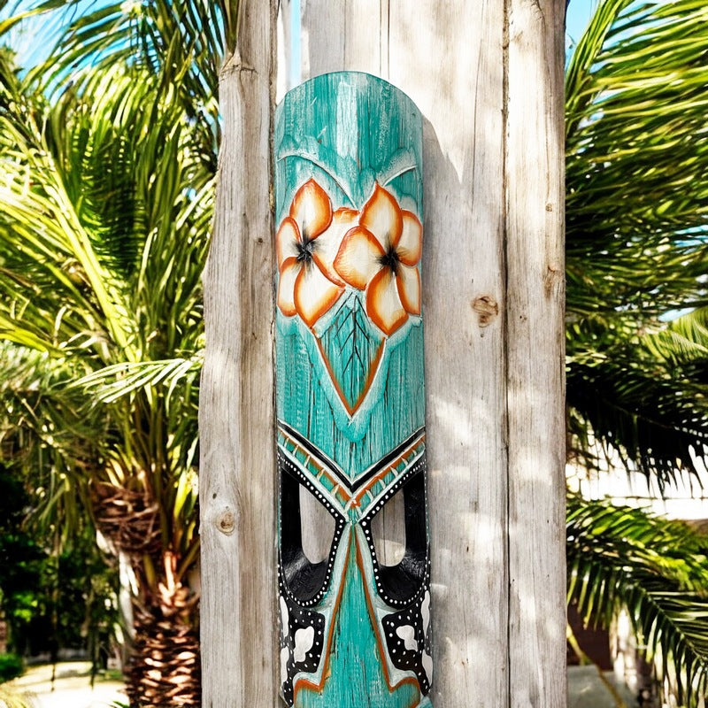 Tiki Mask with Plumeria Flowers | Polynesian Mask 40"