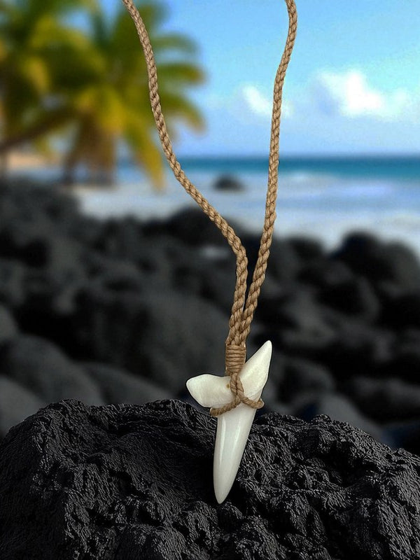 Shark tooth necklace on a rock with a beach and palm trees in the background