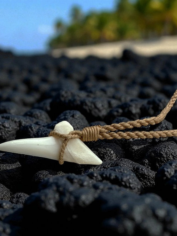 Shark tooth necklace on black volcanic rock with blurred greenery in the background