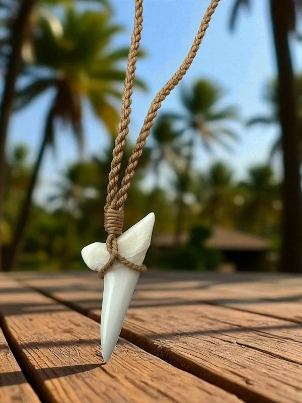 Necklace with shark teeth on a wooden surface with a blurred natural background