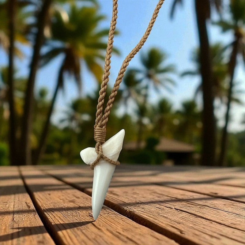 Necklace with shark teeth on a wooden surface with a blurred natural background