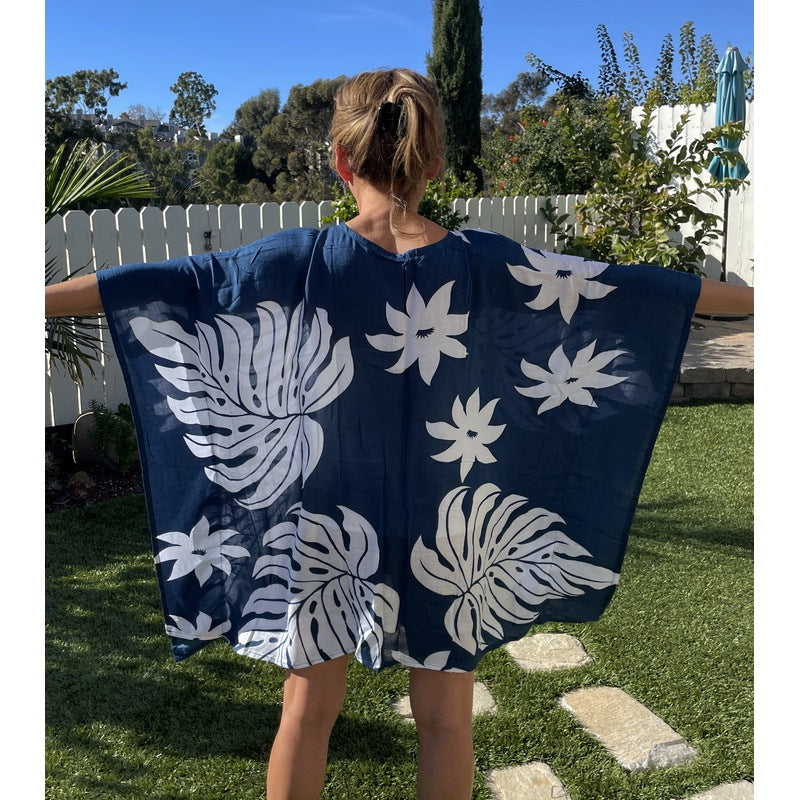 Beach Cover-Up | Hawaiian Monstera and Plumeria Flowers NAVY