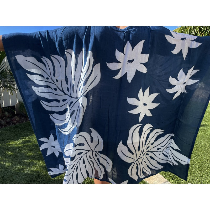 Beach Cover-Up | Hawaiian Monstera and Plumeria Flowers NAVY