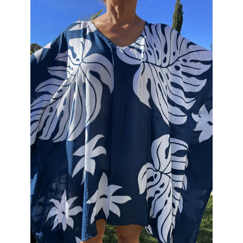 Beach Cover-Up | Hawaiian Monstera and Plumeria Flowers NAVY