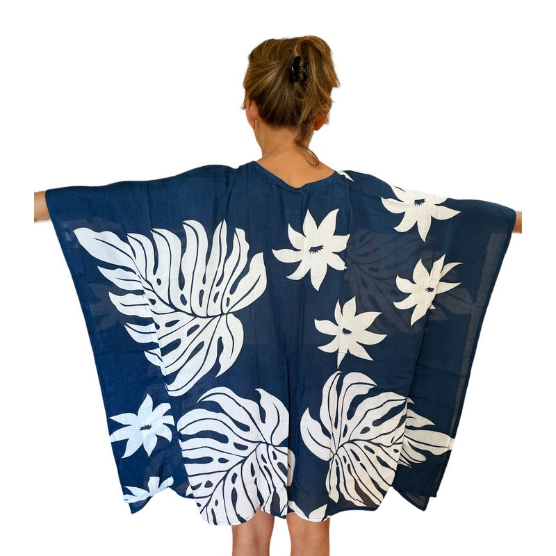 Beach Cover-Up | Hawaiian Monstera and Plumeria Flowers NAVY