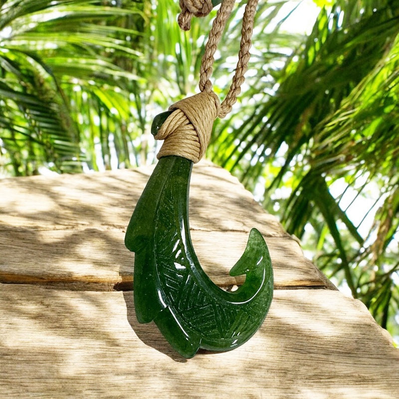 Jade Fish Hook Necklace w/ Engravings