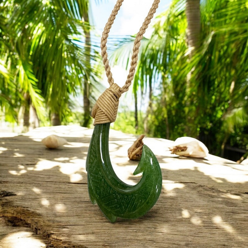 Jade Fish Hook Necklace w/ Engravings