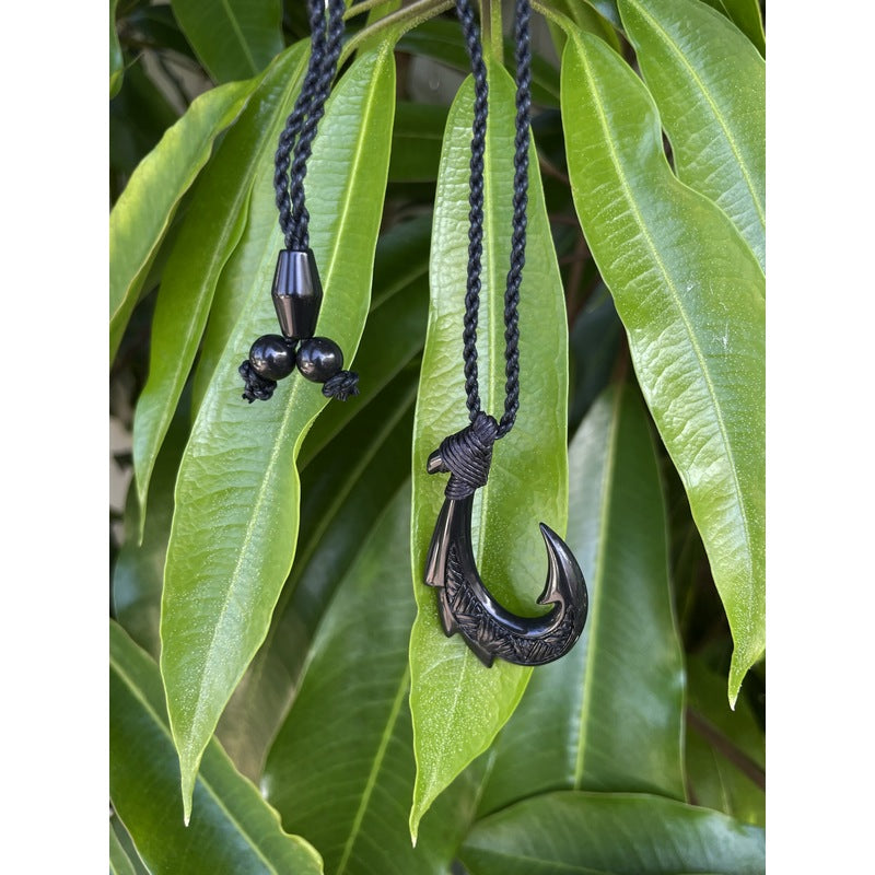 Black Jade Fish Hook Necklace