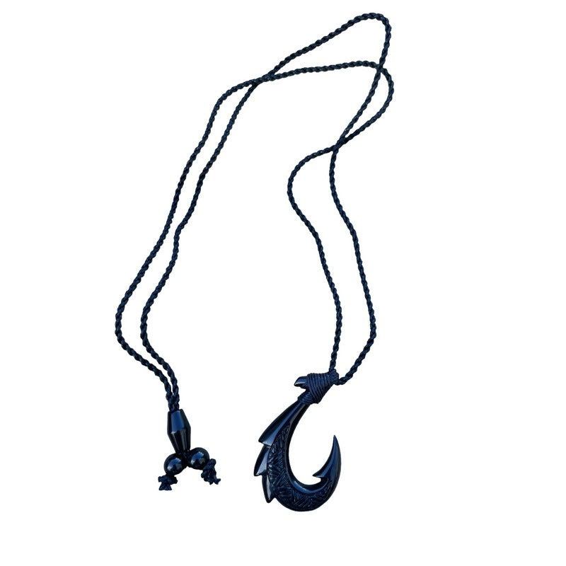 Black Jade Fish Hook Necklace