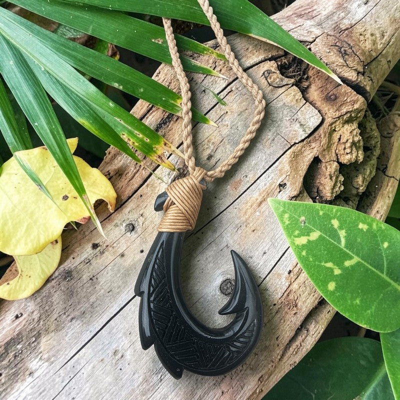 Black Jade Fish Hook Necklace