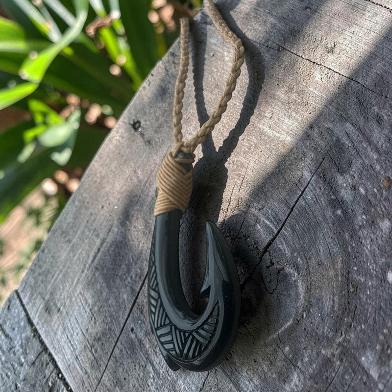 Black Jade Fish Hook Necklace