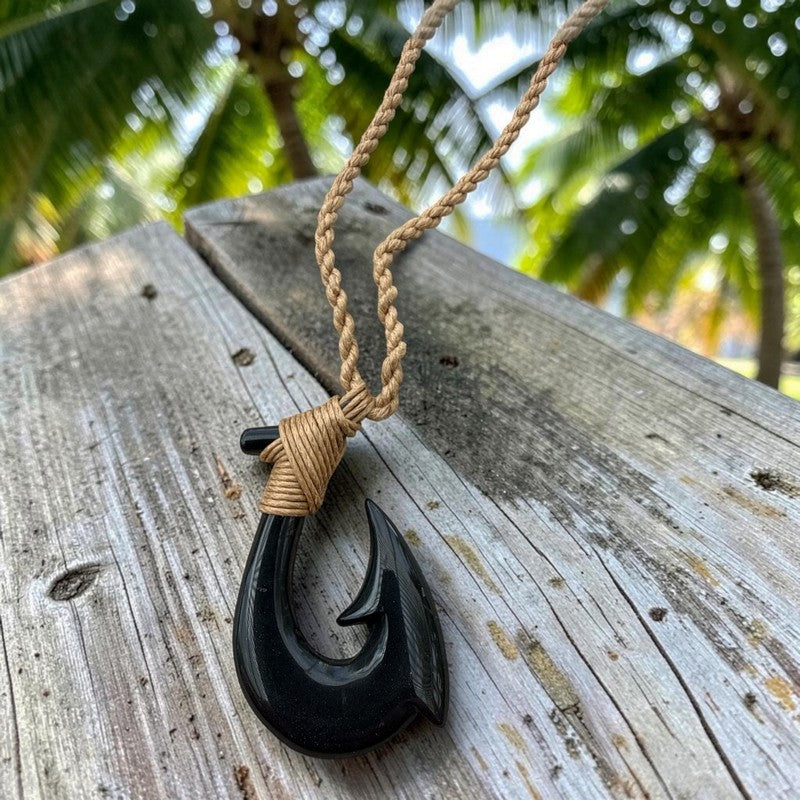 A black carved fishhook pendant necklace with a natural tan braided cord, resting on a weathered wooden surface with a blurred tropical palm forest background.