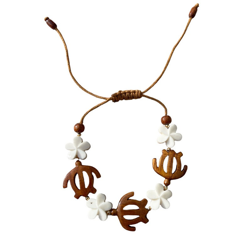 Koa Sea Turtles and Bone Plumeria Flower Adjustable Bracelet