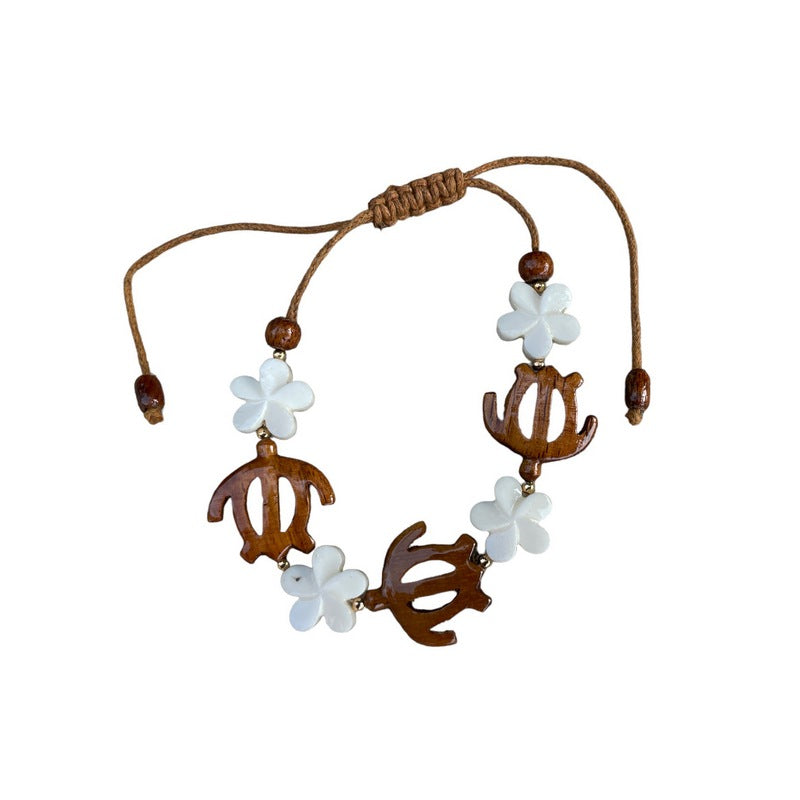 Koa Sea Turtles and Bone Plumeria Flower Adjustable Bracelet