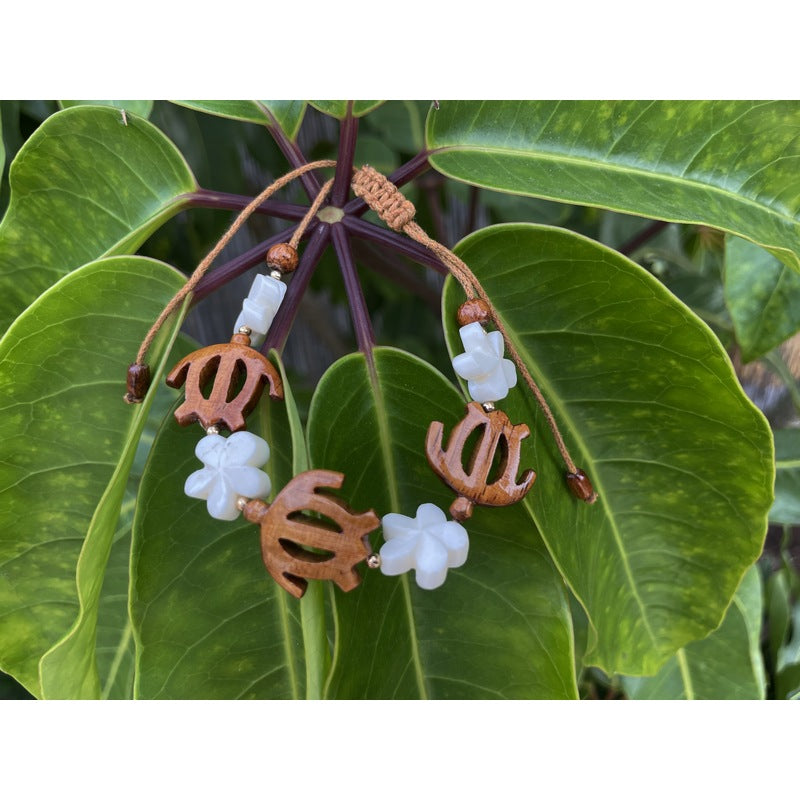 Koa Sea Turtles and Bone Plumeria Flower Adjustable Bracelet