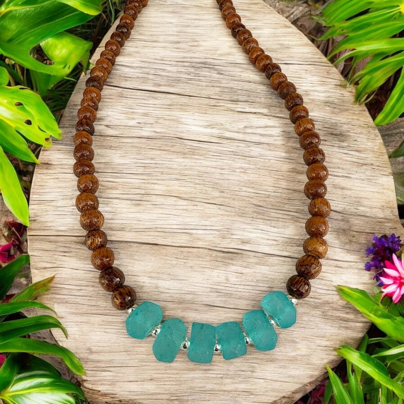 Koa and Seafoam Beach Glass | Necklace 8mm