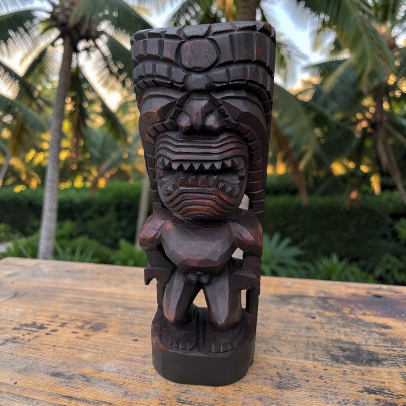 A dark brown carved wooden tiki statue with a fierce, toothy grin, standing on a weathered wooden surface with a tropical garden background featuring palm trees.
