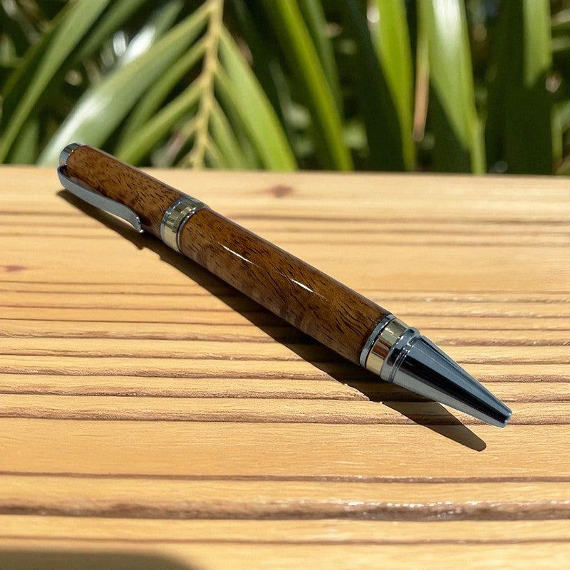 Curly Koa Wood Pen | Silver and Gold Accents