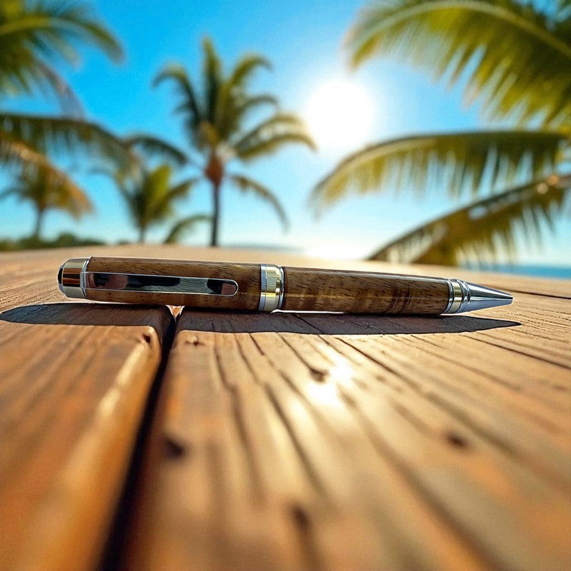 Curly Koa Wood Pen | Silver and Gold Accents