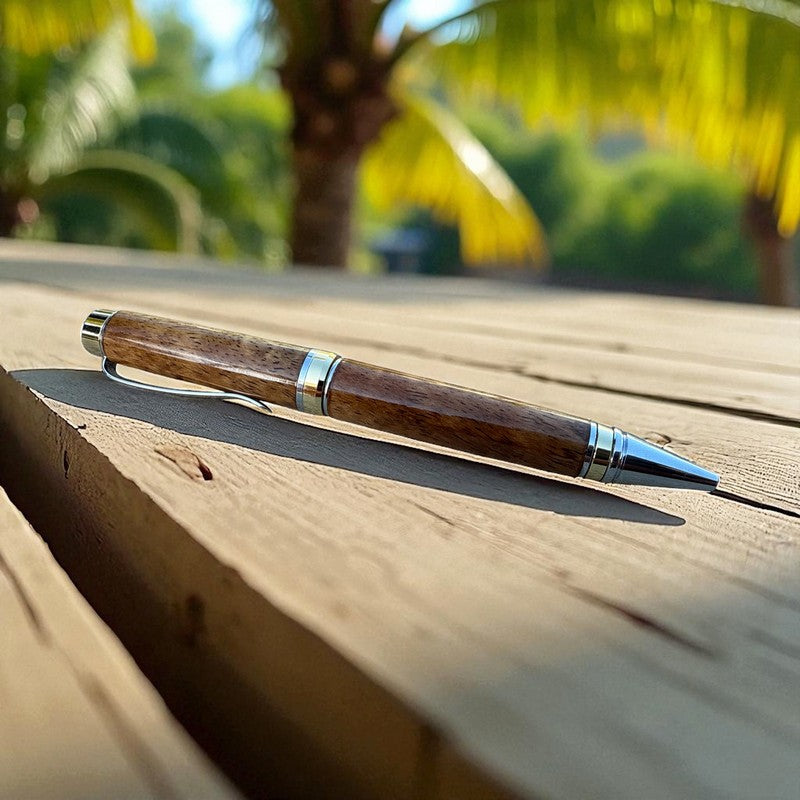 Curly Koa Wood Pen | Silver and Gold Accents
