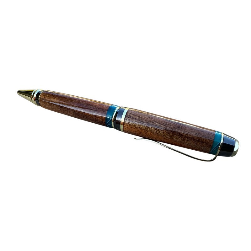 Curly Koa Wood Pen | Ocean Blue Accents