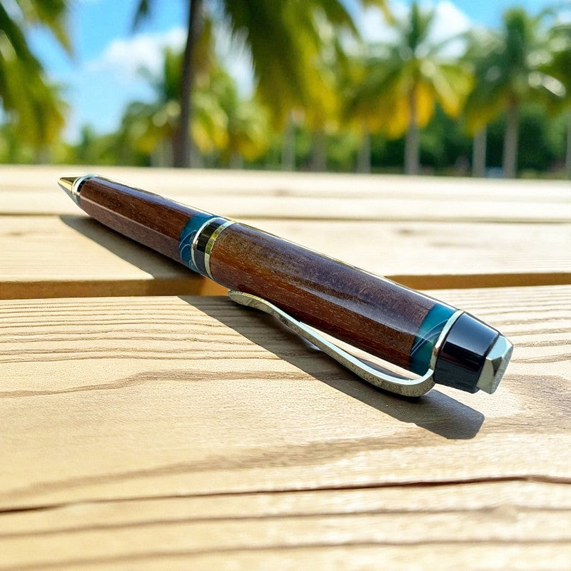 Curly Koa Wood Pen | Ocean Blue Accents