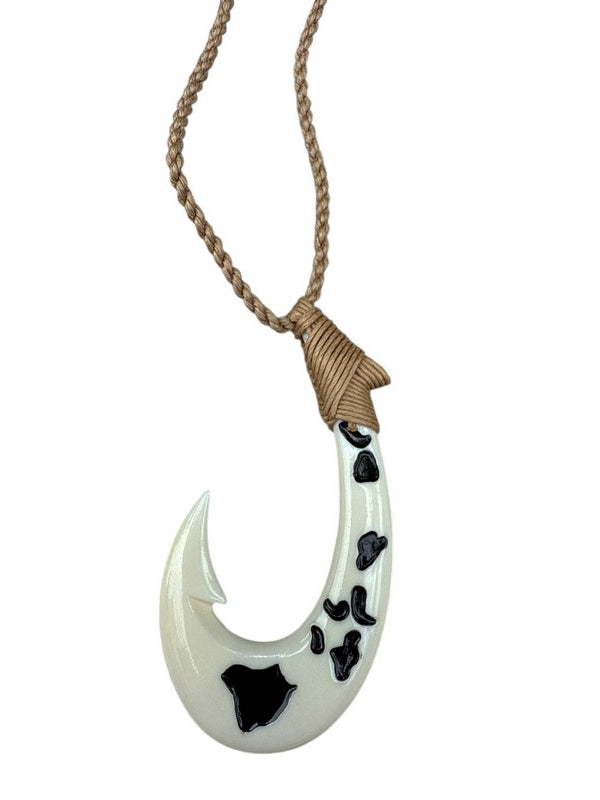 Fishing hook pendant on a rope with a white background