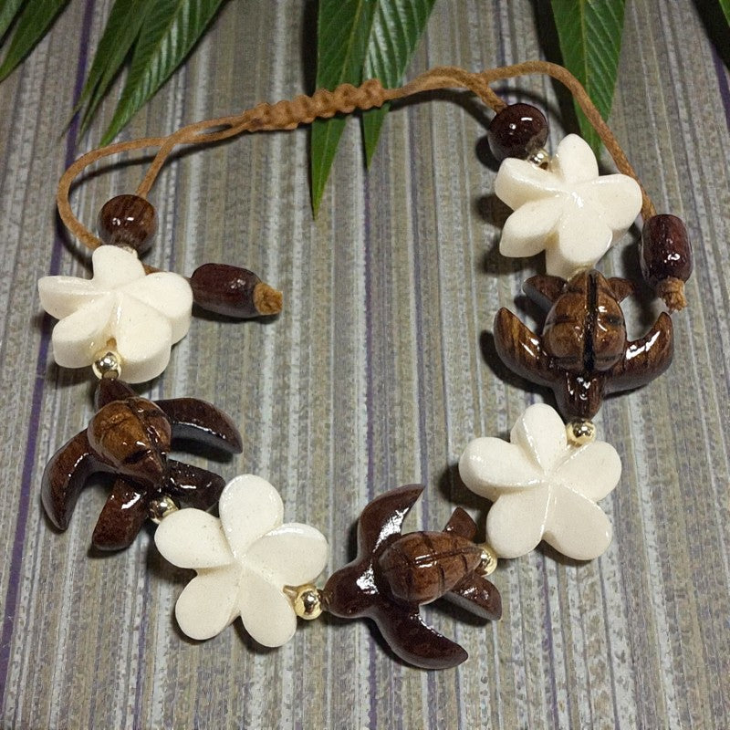 Koa Sea Turtles and Plumeria Flower Bracelet with Bone
