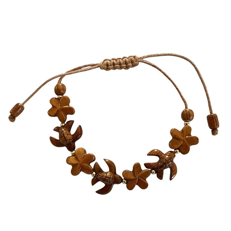 Koa Sea Turtles and Plumeria Flower Bracelet