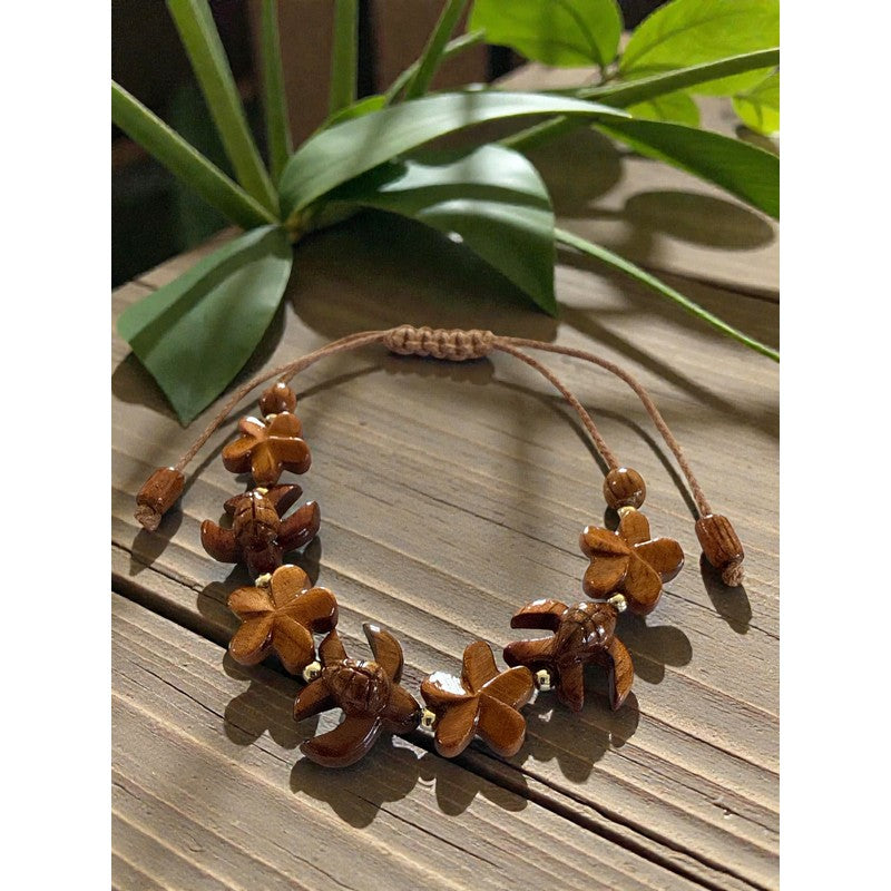 Koa Sea Turtles and Plumeria Flower Bracelet