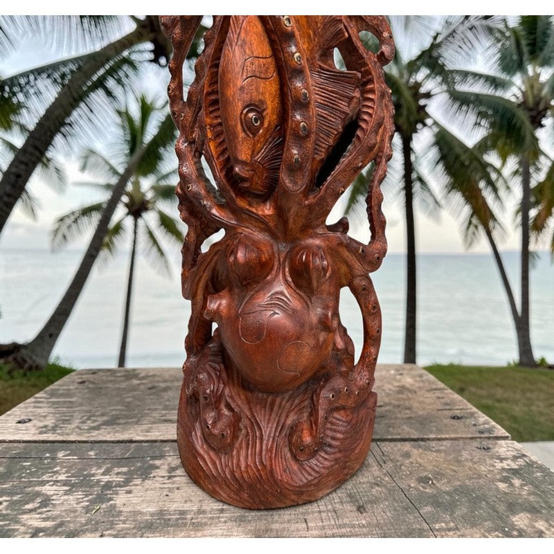 Octopus (He'e) Carving with Fish | Sea Life 40"