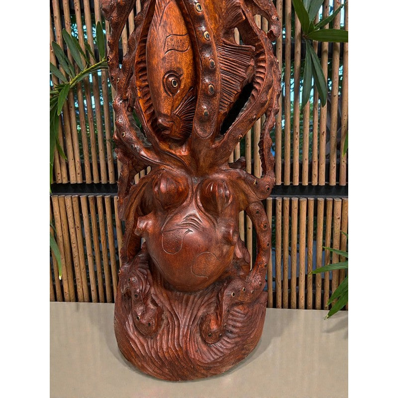 Octopus (He'e) Carving with Fish | Sea Life 40"