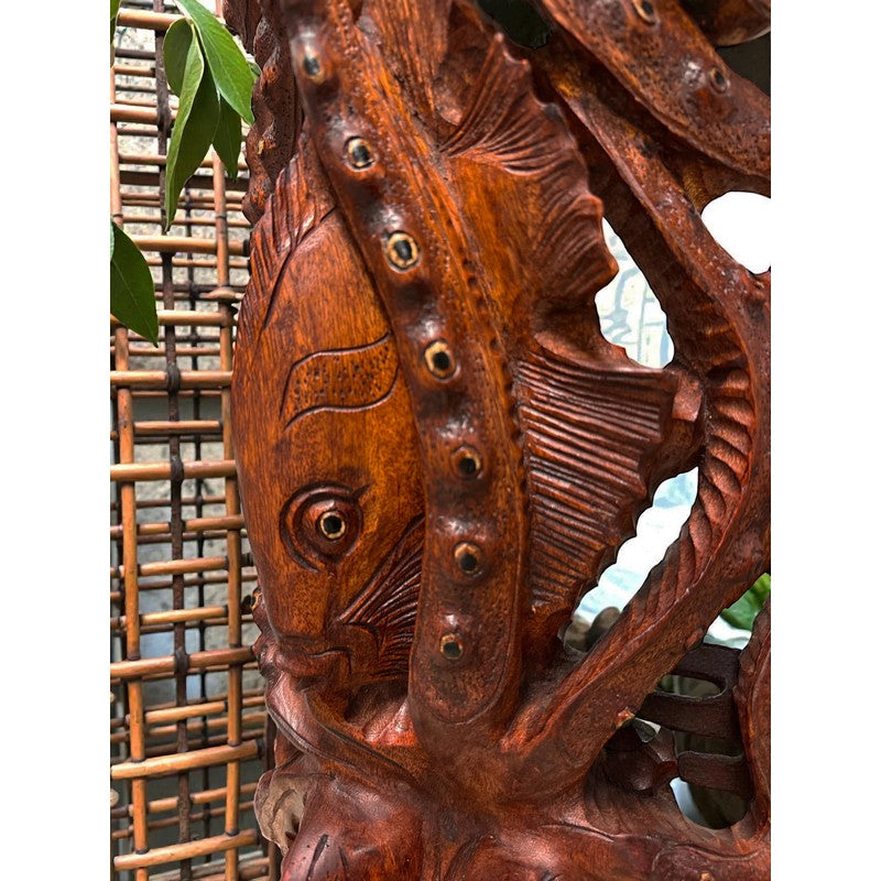 Octopus (He'e) Carving with Fish | Sea Life 40"