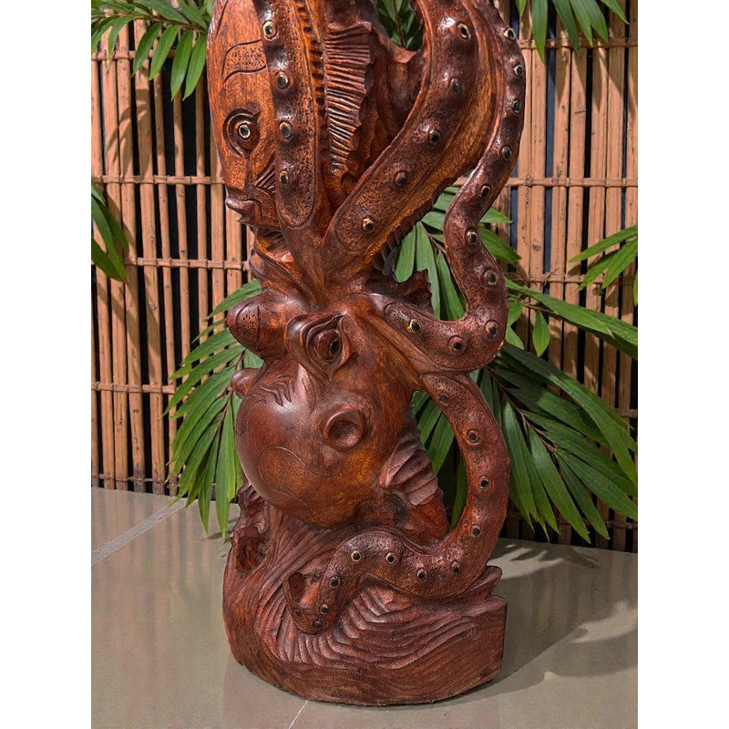Octopus (He'e) Carving with Fish | Sea Life 40"