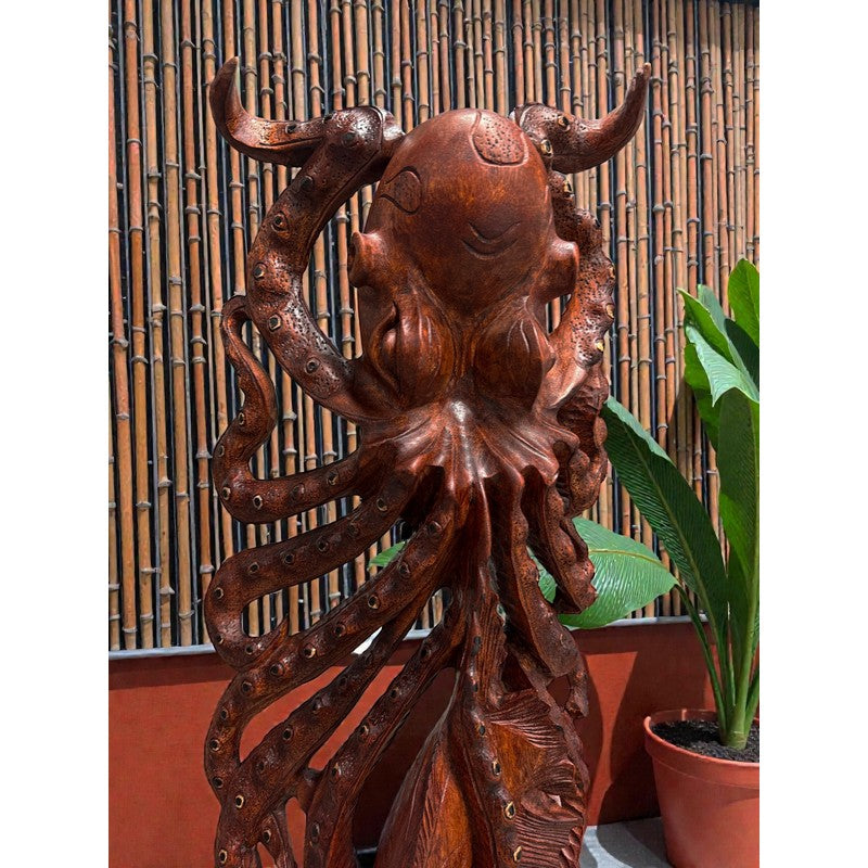 Octopus (He'e) Carving with Fish | Sea Life 40"