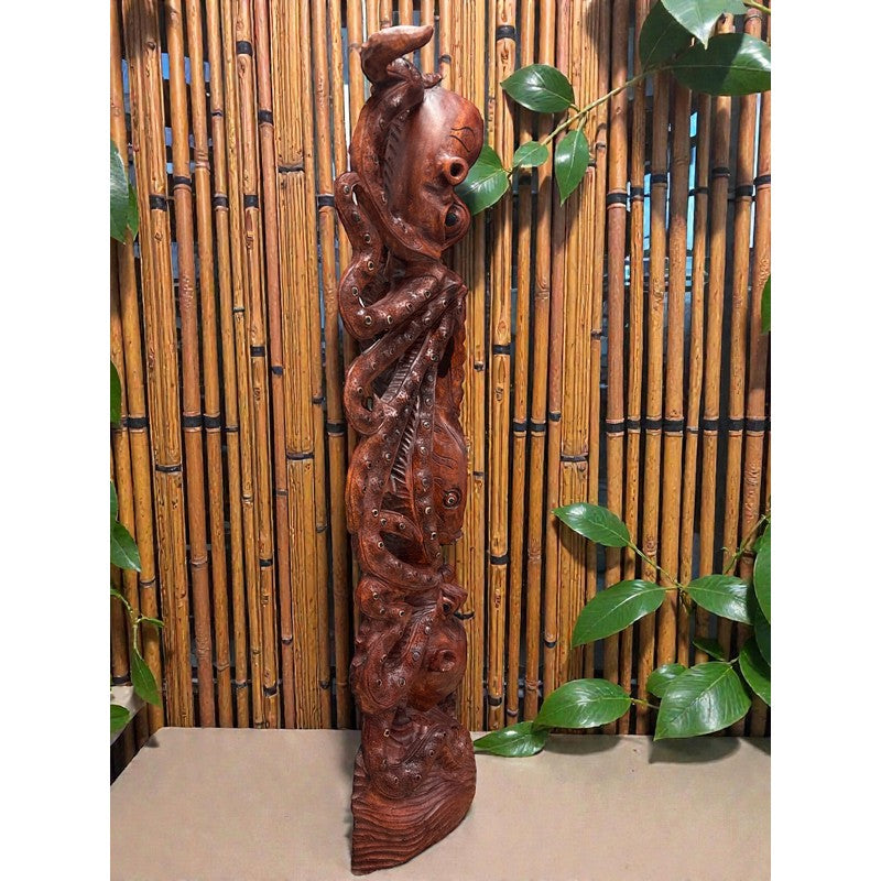 Octopus (He'e) Carving with Fish | Sea Life 40"