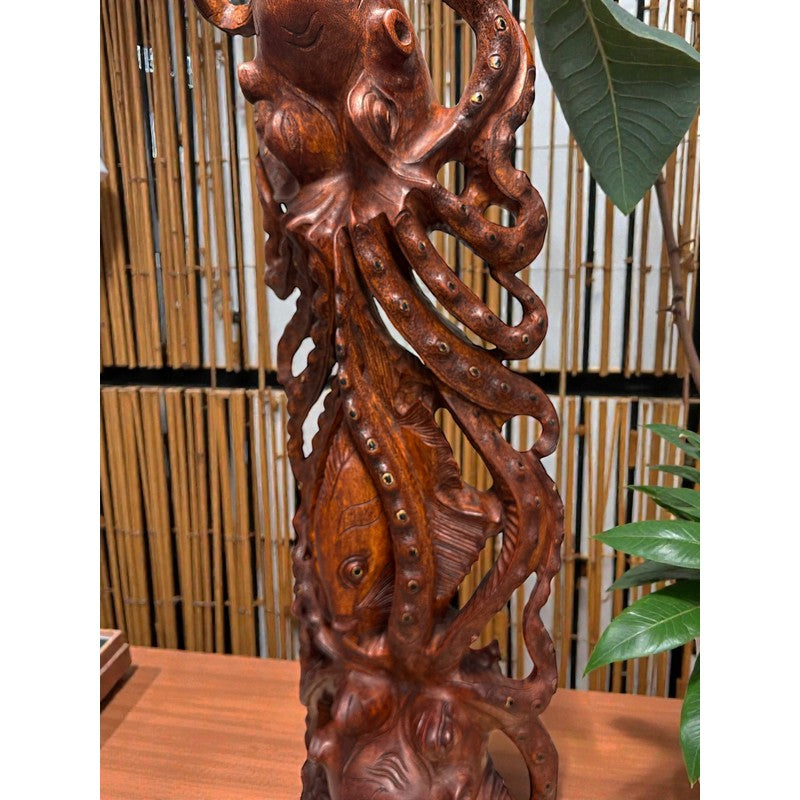 Octopus (He'e) Carving with Fish | Sea Life 40"