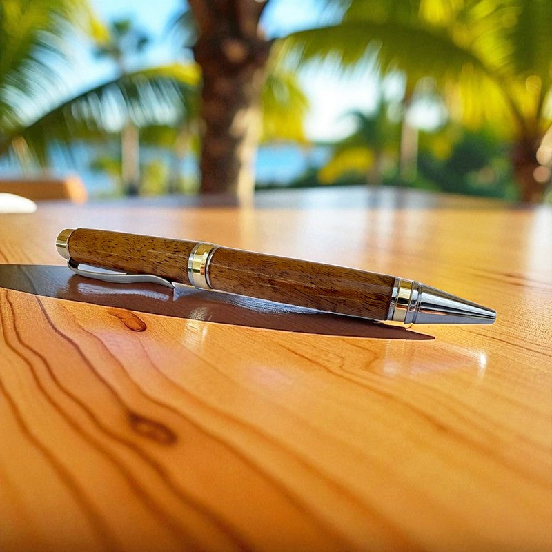 Curly Koa Wood Pen | Silver and Gold Accents