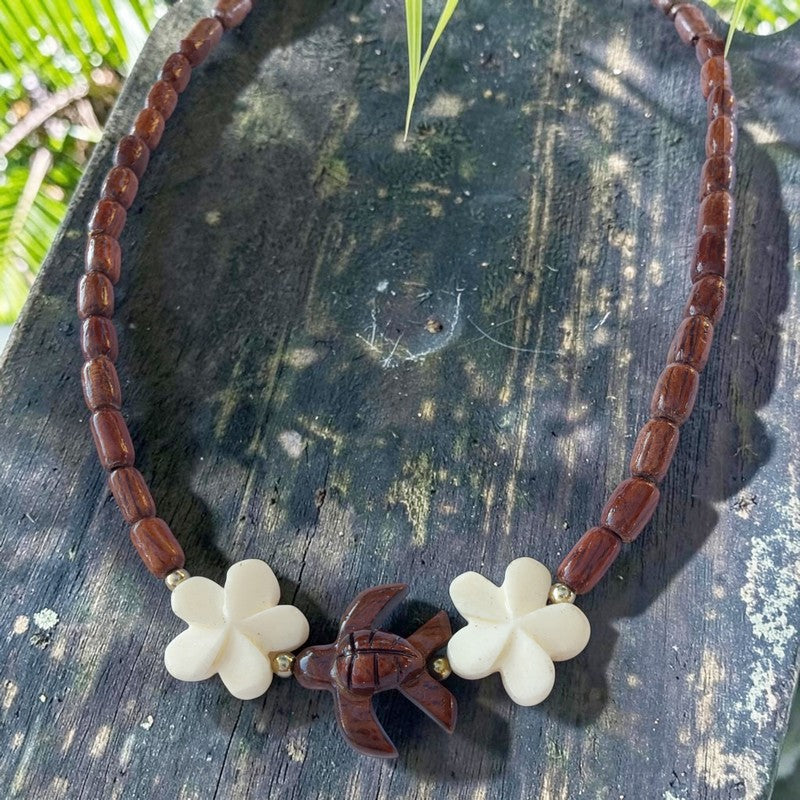 Koa Sea Turtle & Bone Plumeria Necklace 18"