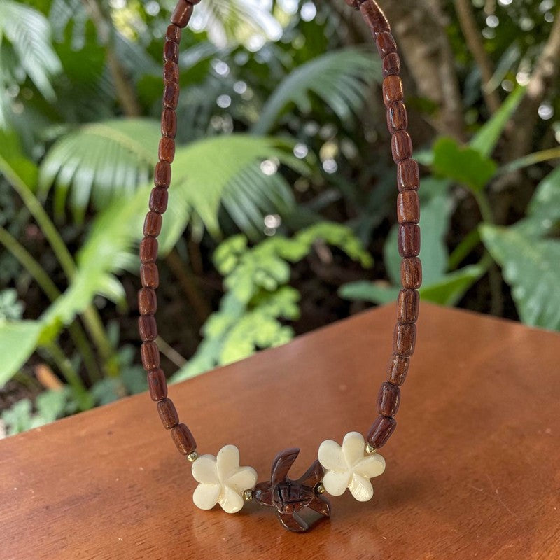 Koa Sea Turtle & Bone Plumeria Necklace 18"