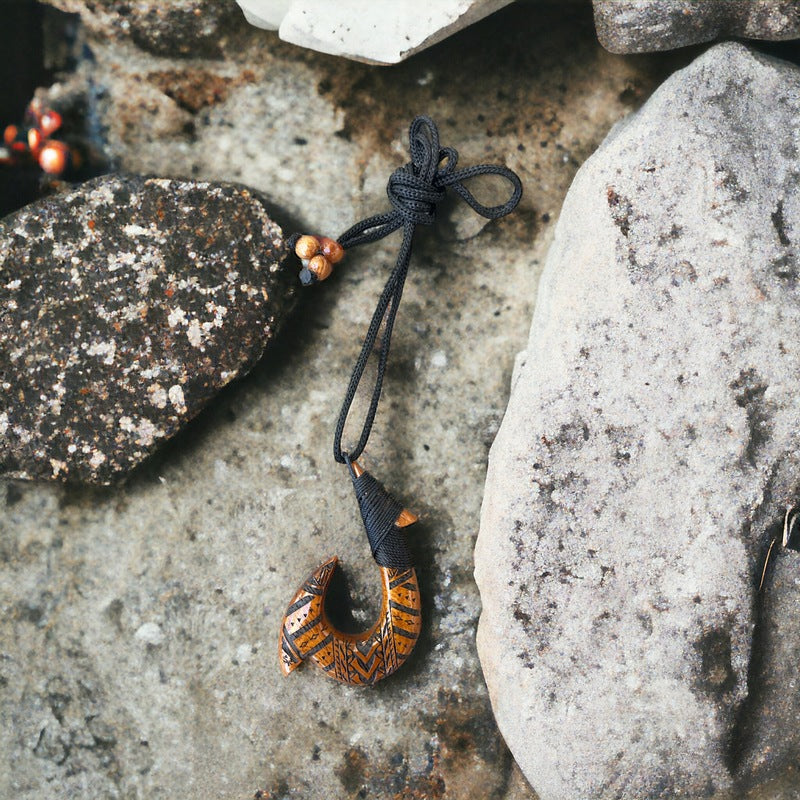 Hawaiian Koa Makau with Engravings | Large Fish Hook