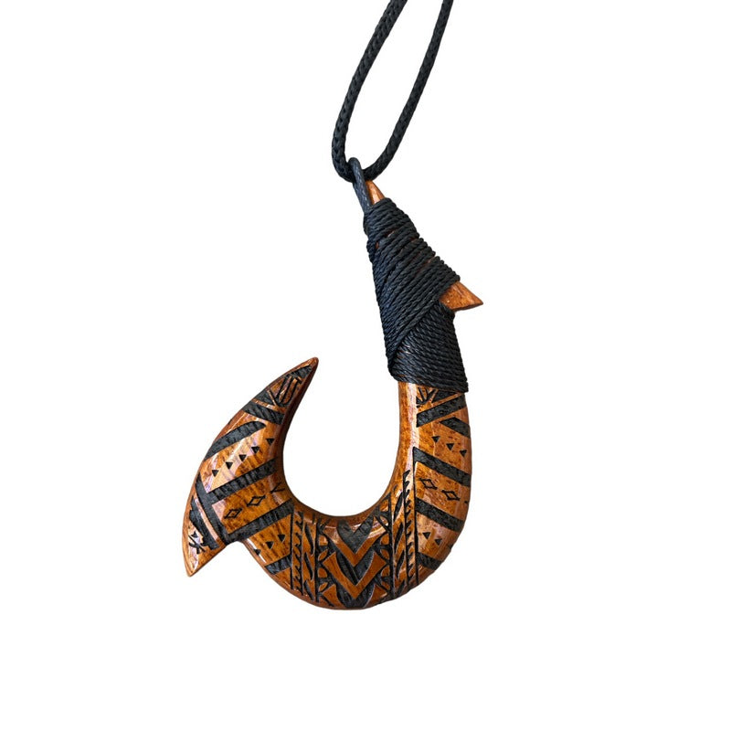 Hawaiian Koa Makau with Engravings | Large Fish Hook
