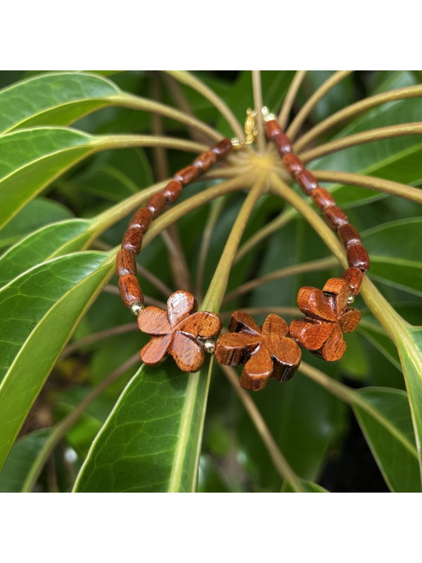 Three Plumeria Flower Koa Bracelet