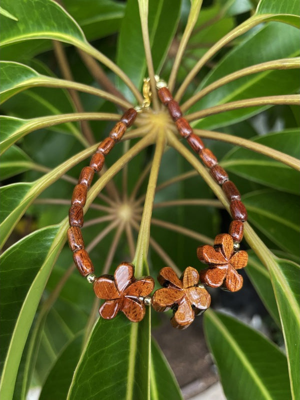 Three Plumeria Flower Koa Bracelet