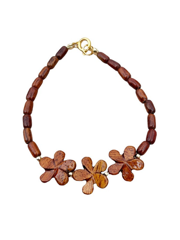 Three Plumeria Flower Koa Bracelet