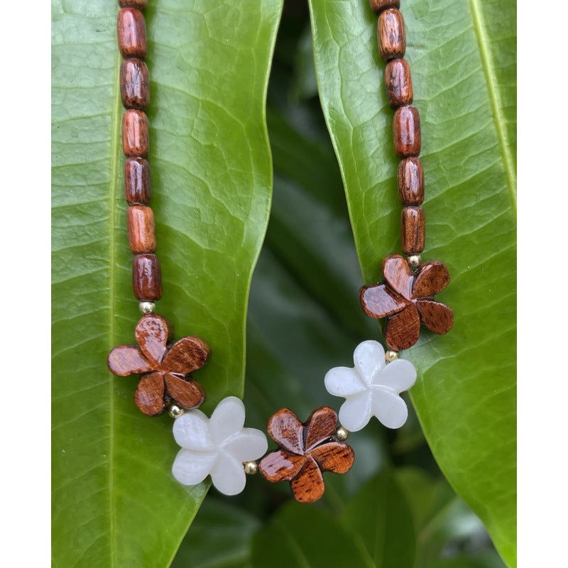 Hawaiian Koa & Bone Plumeria Necklace