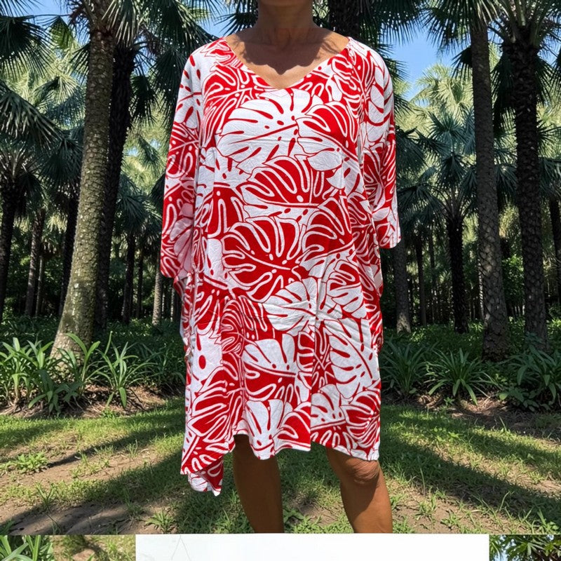 Beach Cover-Up | Monstera Leaves RED