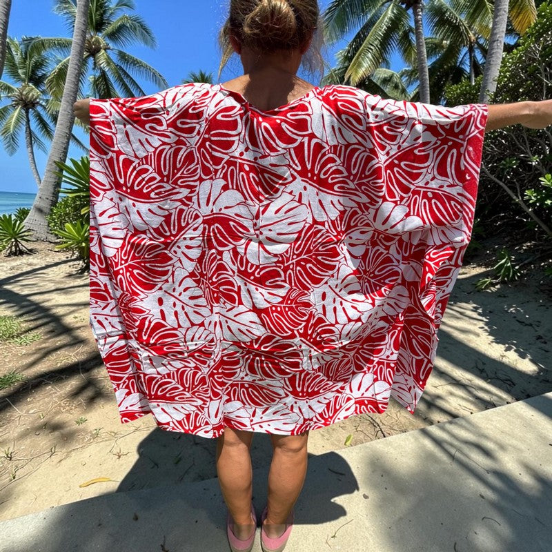 Beach Cover-Up | Monstera Leaves RED