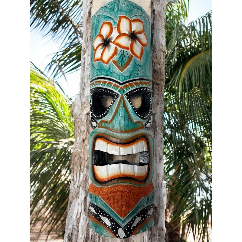 Tiki Mask with Plumeria Flowers | Polynesian Mask 20"