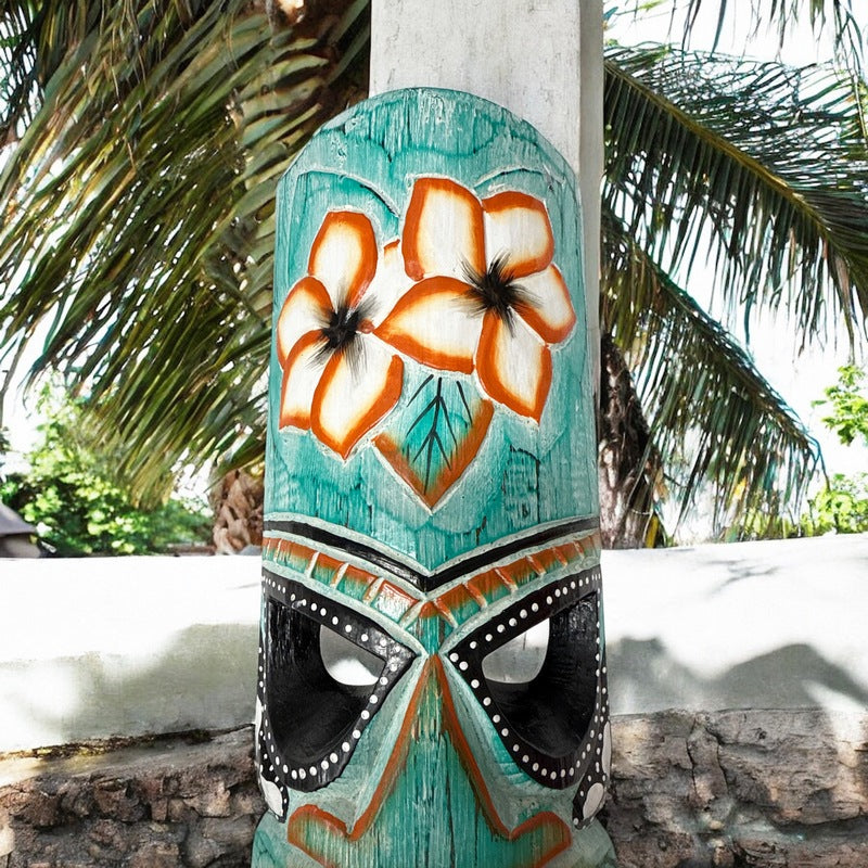 Tiki Mask with Plumeria Flowers | Polynesian Mask 20"
